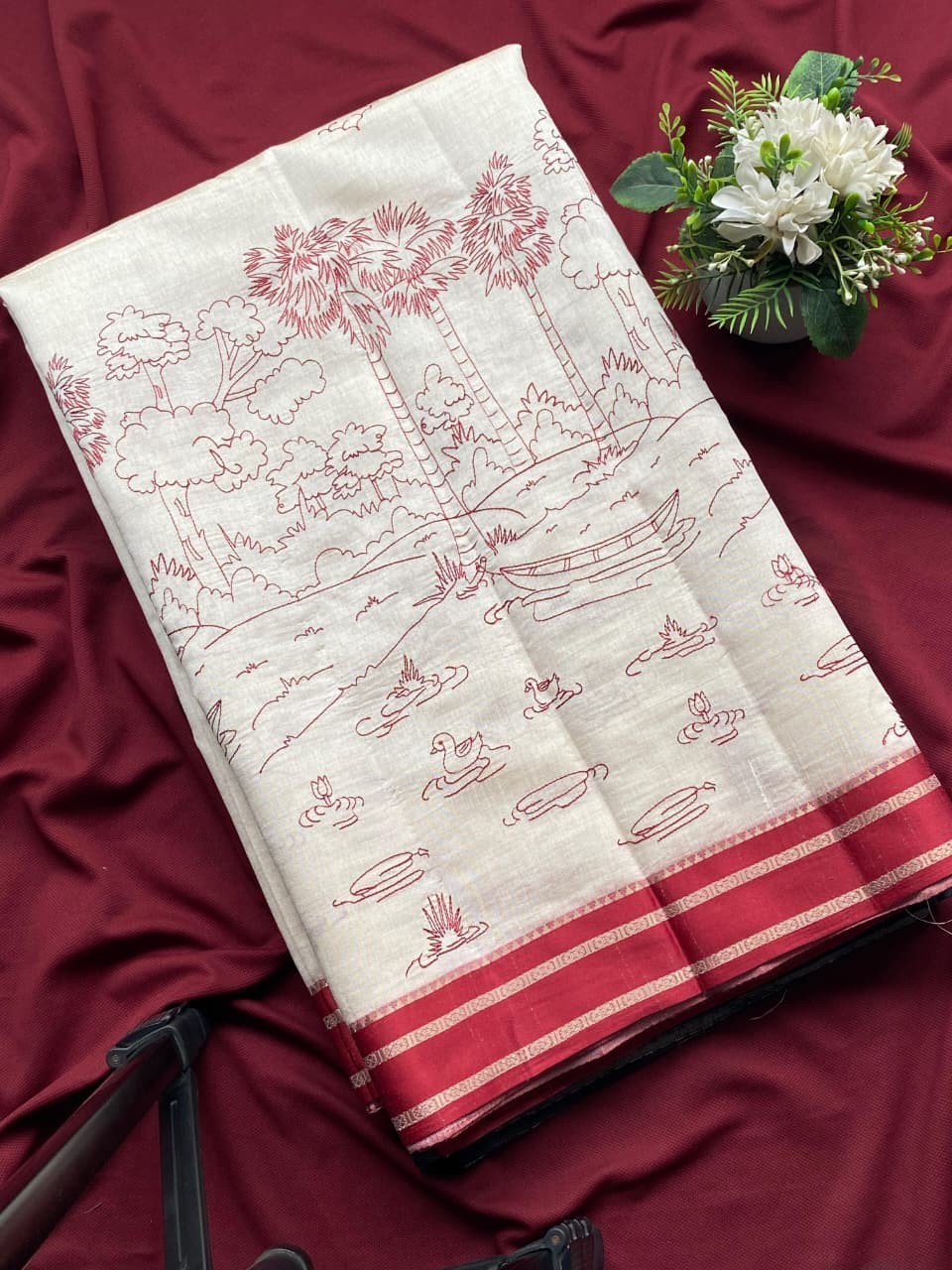 Off White Handloom Cotton Silk Saree Kalamkari Scenic Border 6.3M Festive Wear