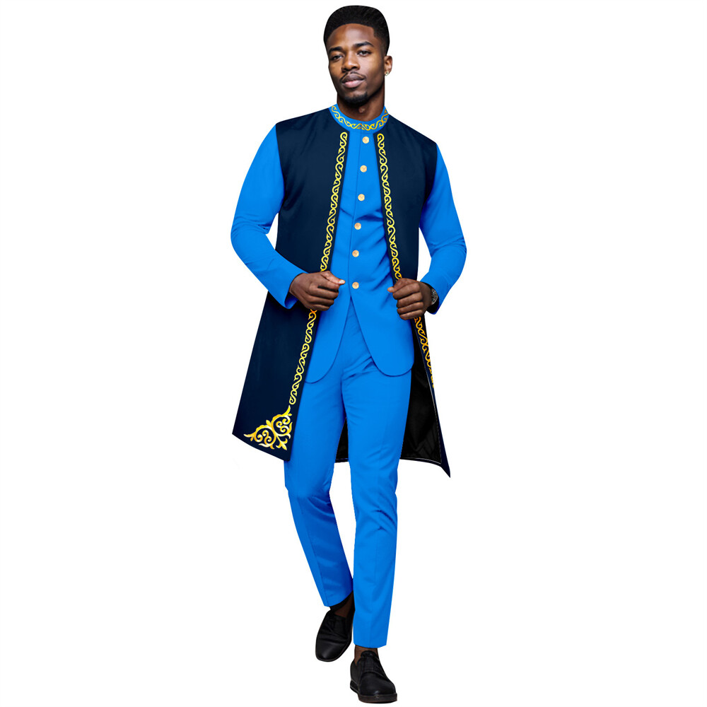 Men’s African 3 Piece Set Traditional Shirt and Pants Set Suit Middle East Suit