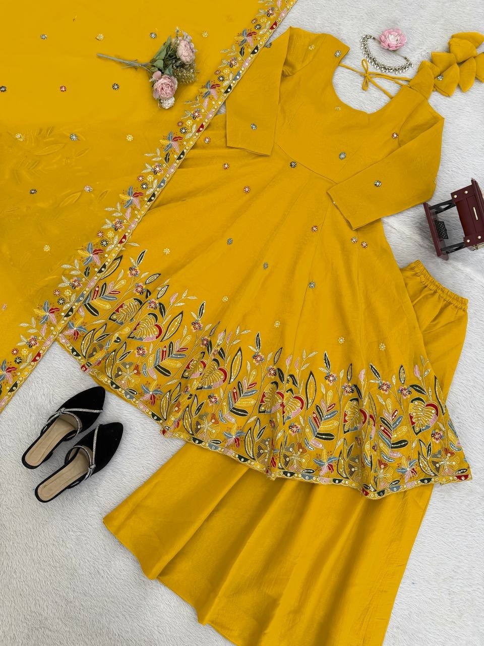 Traditional Wear Yellow Crunchy Silk Kurta Palazzo With Dupatta For Women