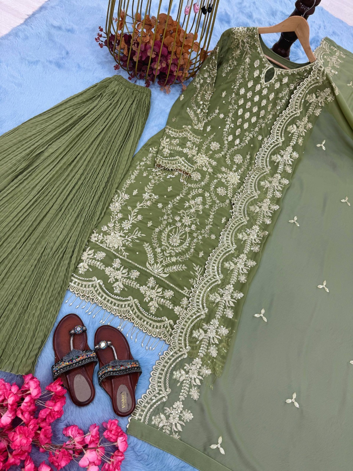 Exclusive Look Pista Green Faux Georgette Kurta Palazzo With Dupatta For Women