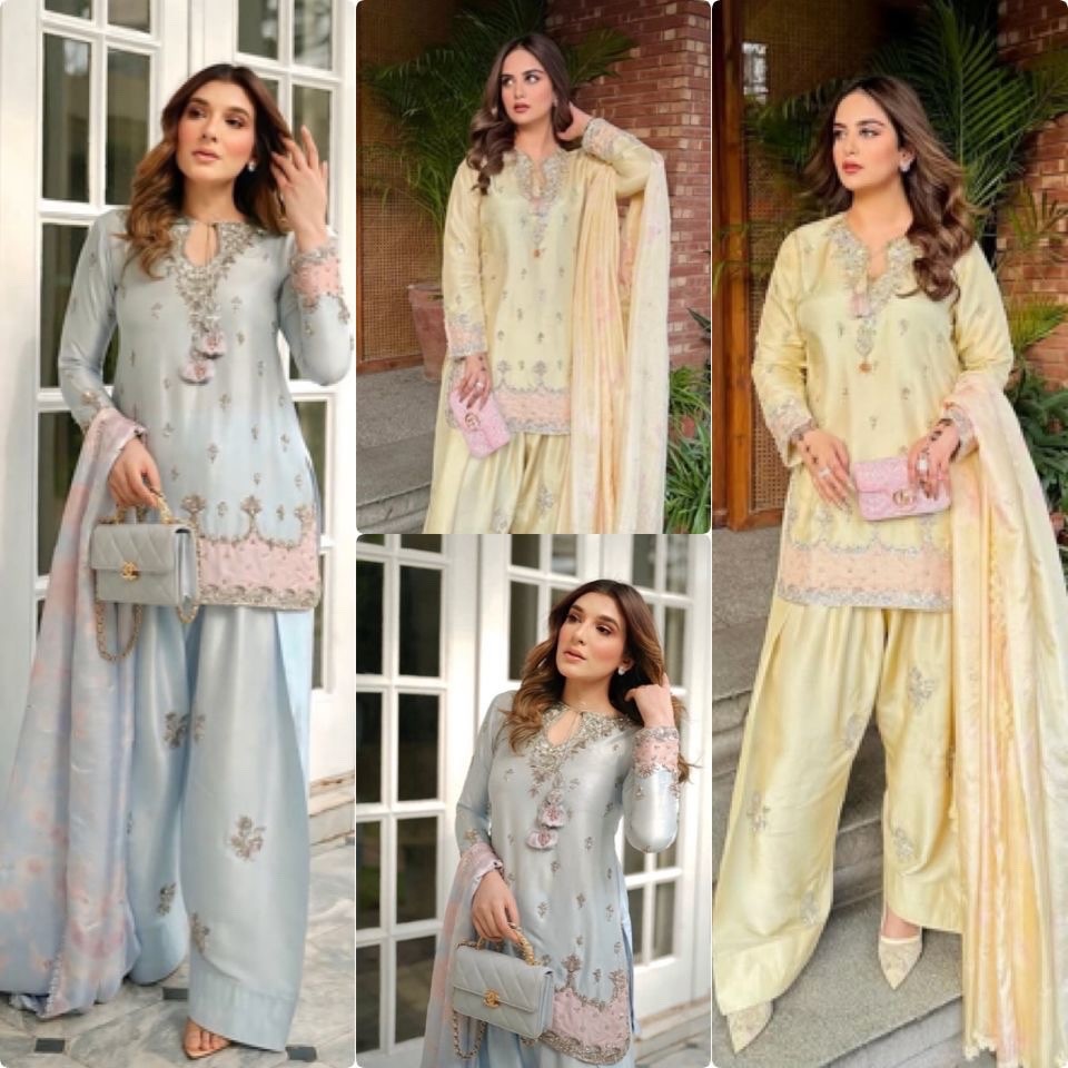 Embroidered satin farshi shalwar suit with dupatta set for women festive wear