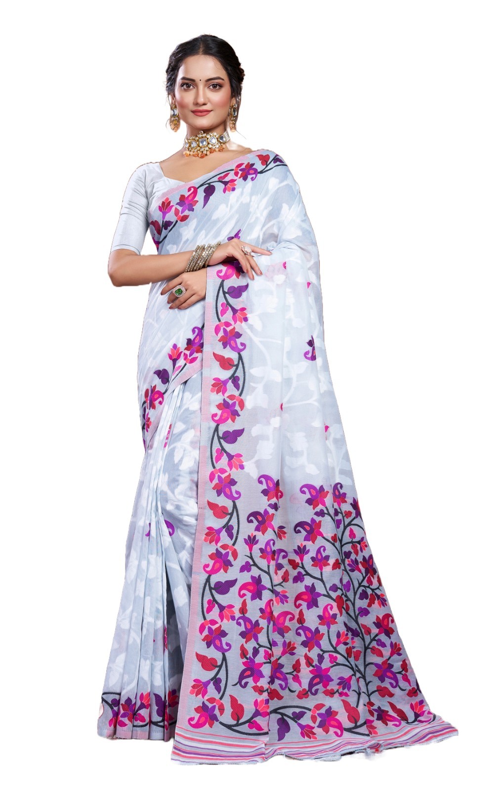 Traditional Soft Jamdani Saree Floral Handwoven Inspired Cotton Blend Women