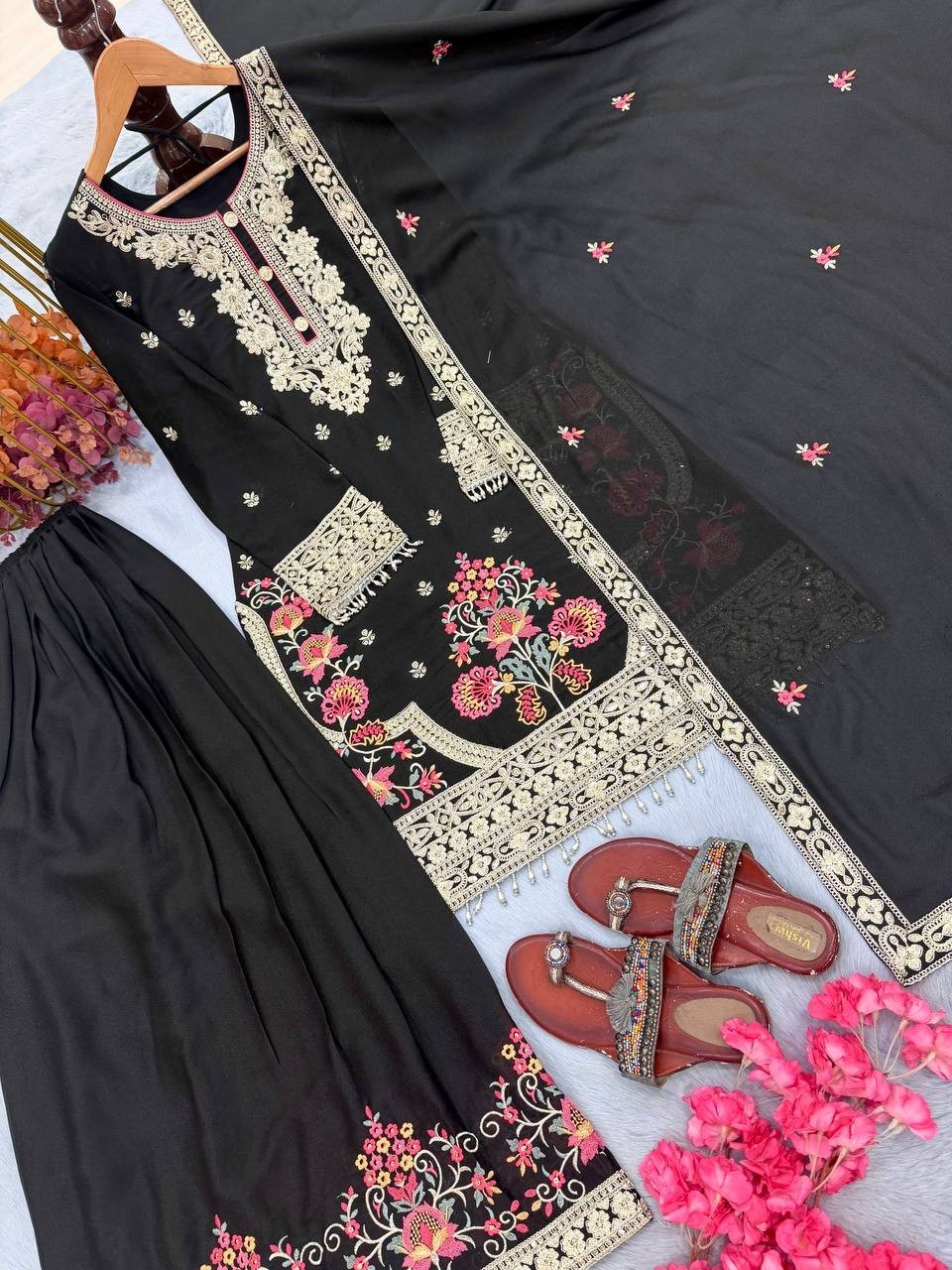 Stunning Look Black Star Georgette Kurta Palazzo With Dupatta For Women