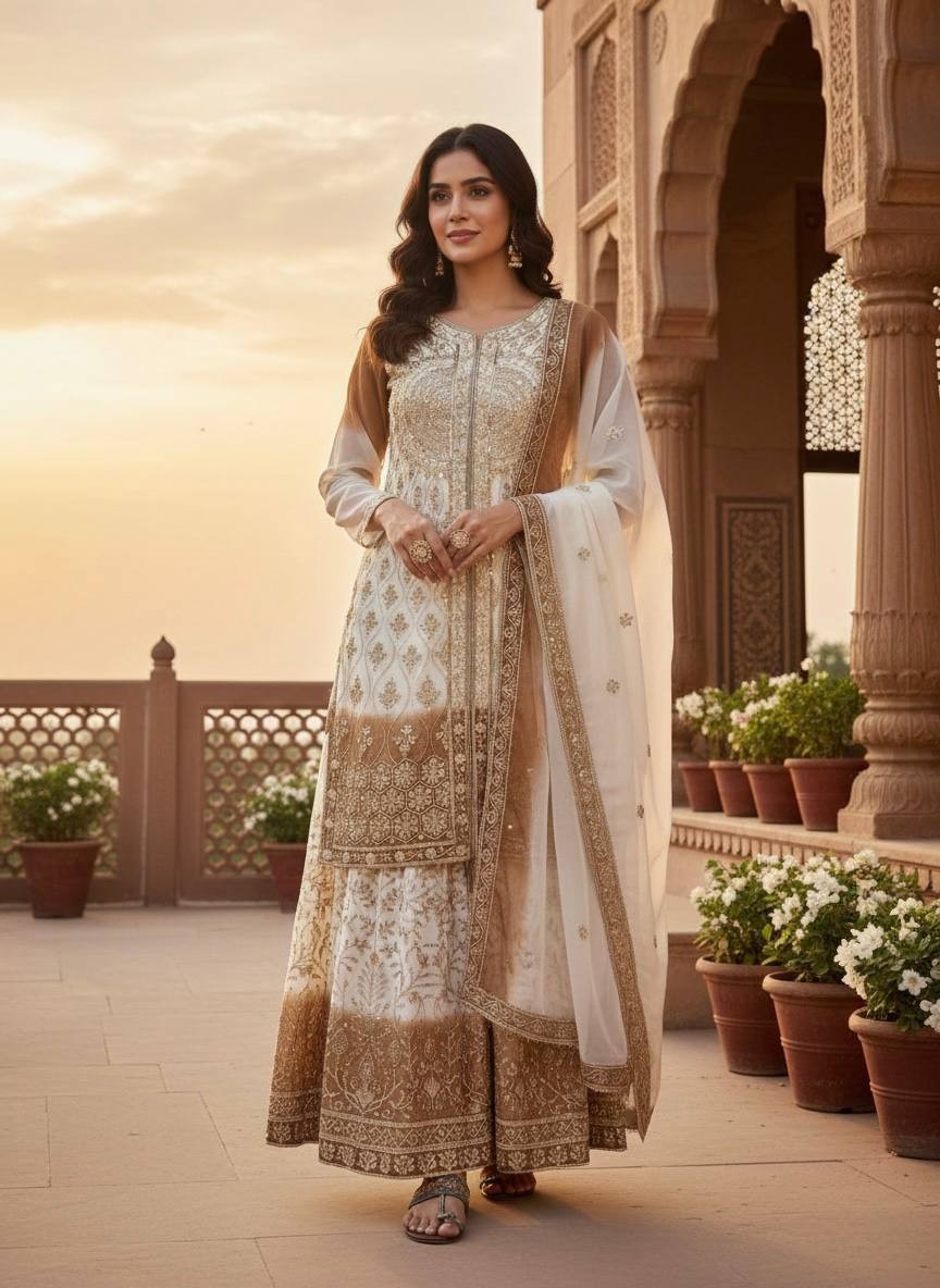 New Designer Star Georgette White Palazzo Suit With Dupatta For Reception