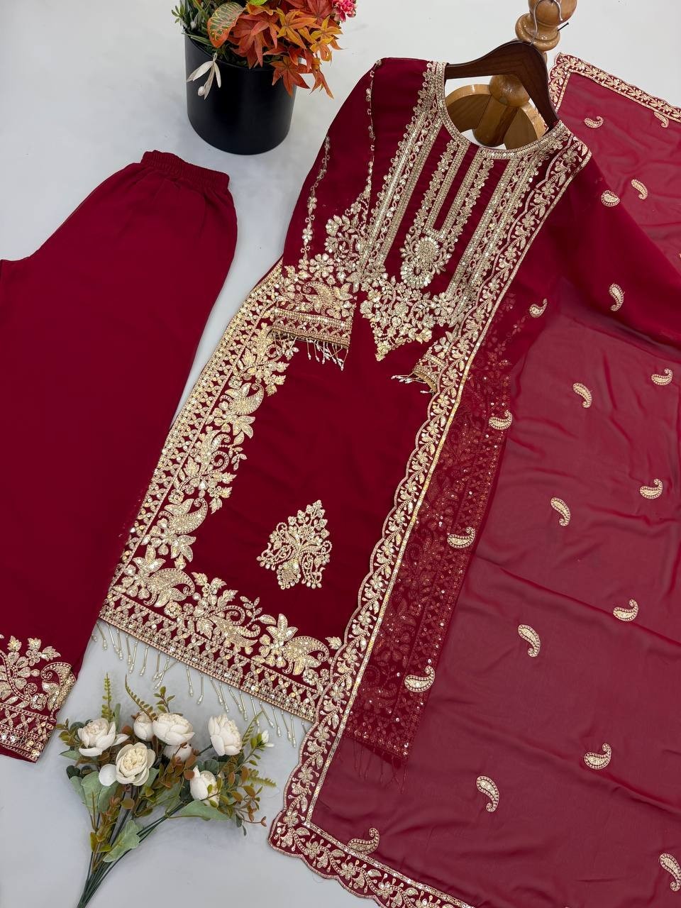 New Designer Maroon Faux Georgette Salwar Kameez With Dupatta For Wedding Wear