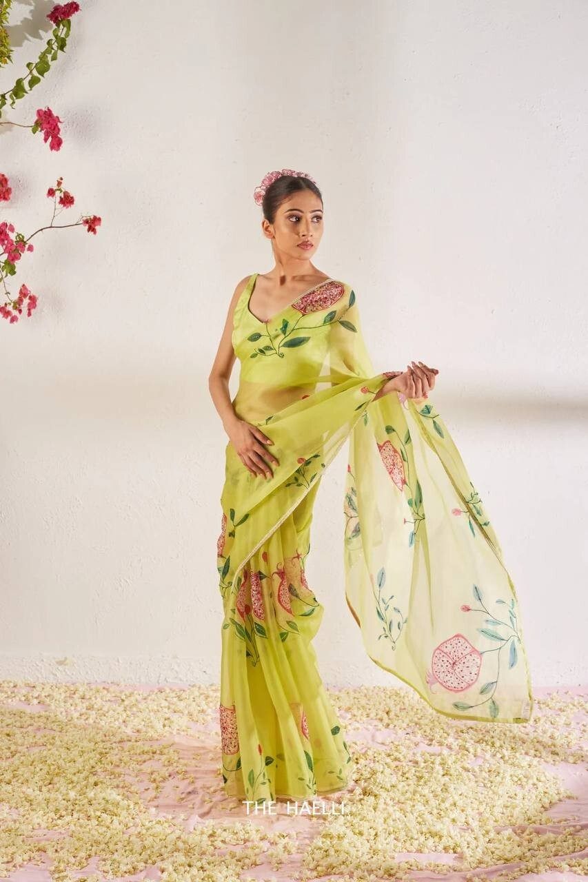Beautiful floral print with beads and katdana handwork Soft Organza Saree