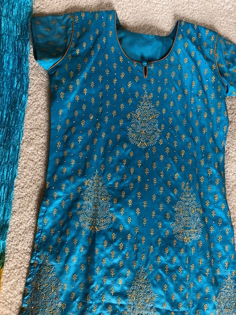 Women salwar Kameez Dress Kurti Pants Scarf 3 pcs Kurta Blue Mustard Sz M