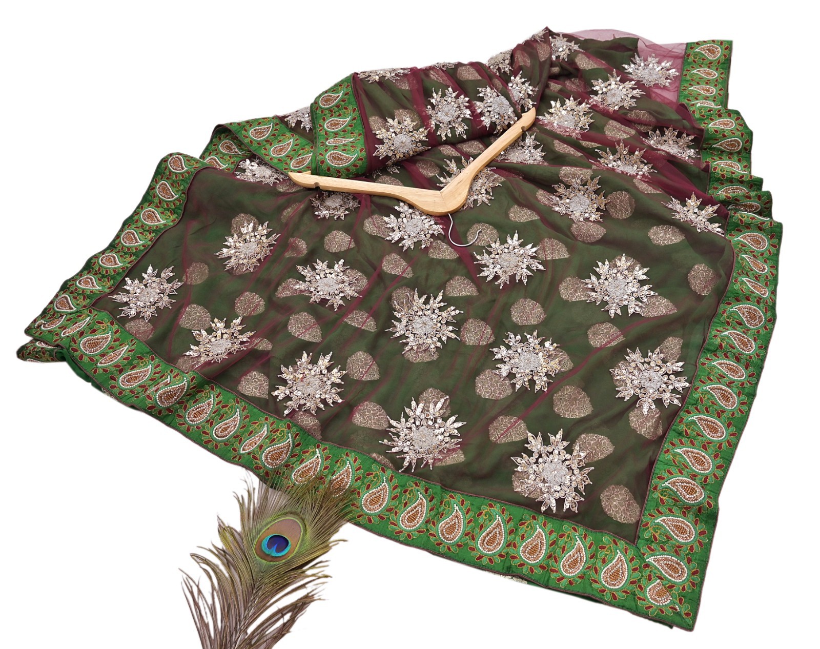 Vintage Maroon & Green Net Designer Sabyasachi Style Hand embroidered Saree 6yd