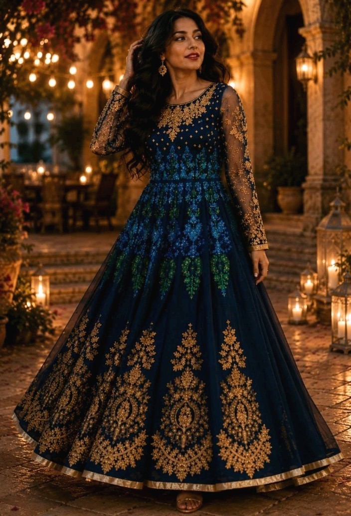 Indian Anarkali Gown Dress S Royal Blue Gold Embroidered Long Sleeve Maxi Party