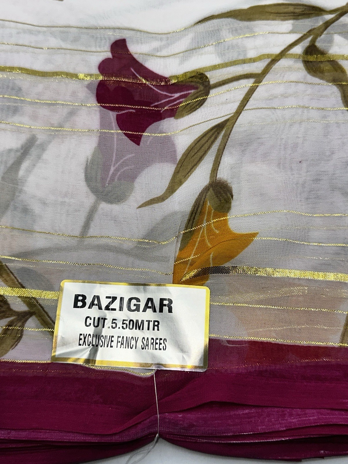 Bazigar Floral Saree 5.5M White Red Gold Sheer Traditional Wrap New Yellow