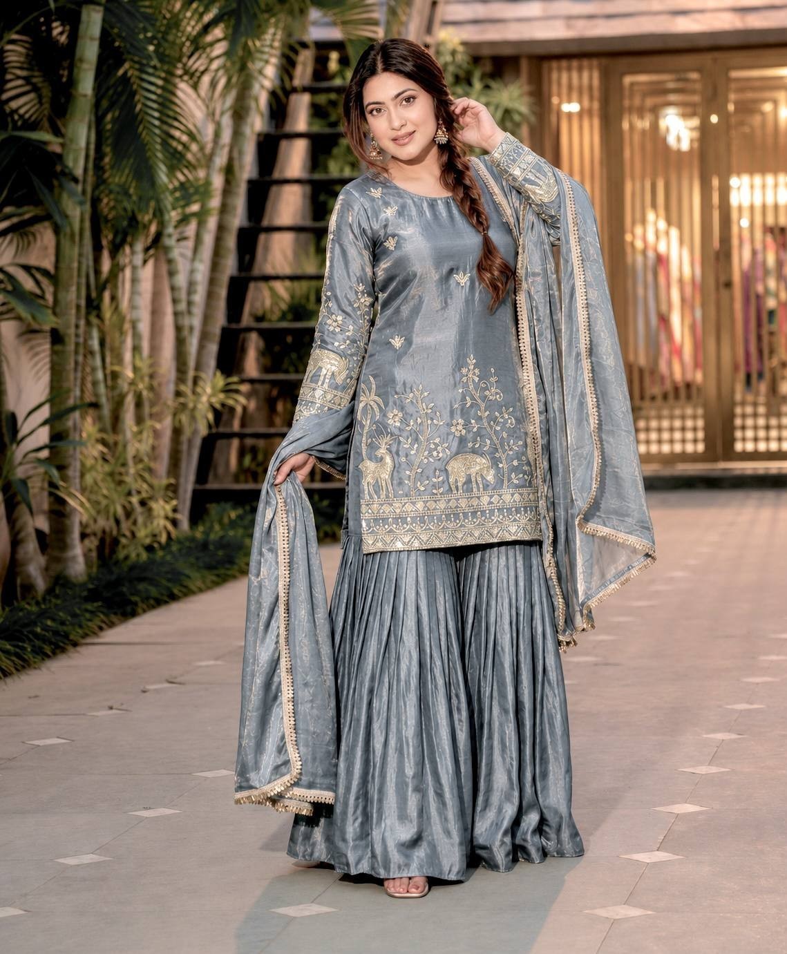 Readymade Grey Embroidered Pakistani Salwar Kameez 3 Piece Party Wear Suit Set