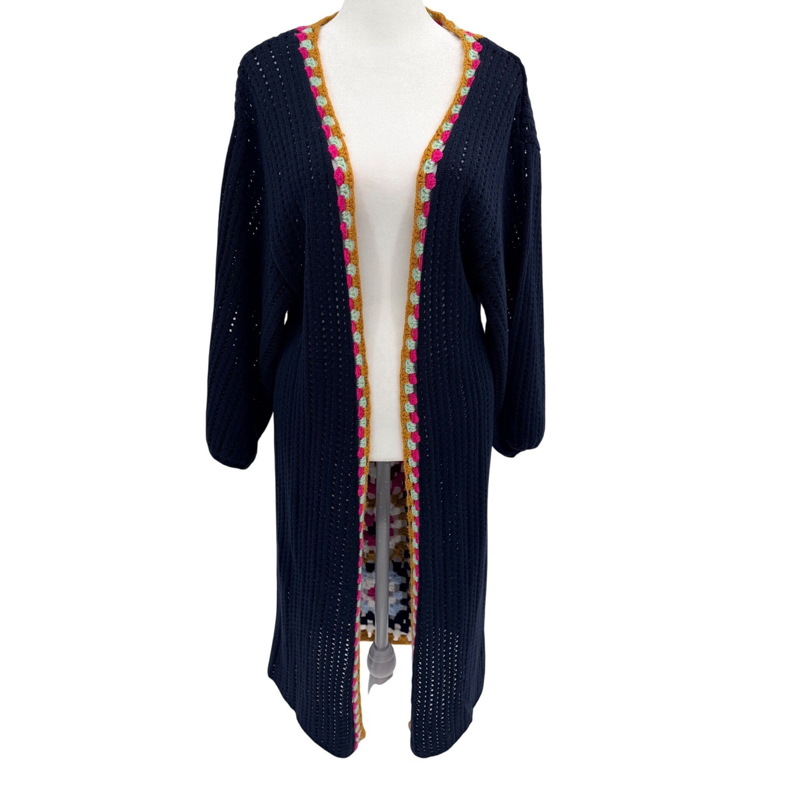 Anthropologie Day Out Duster Kimono Sweater OSFM Navy Blue Multicolor Boho