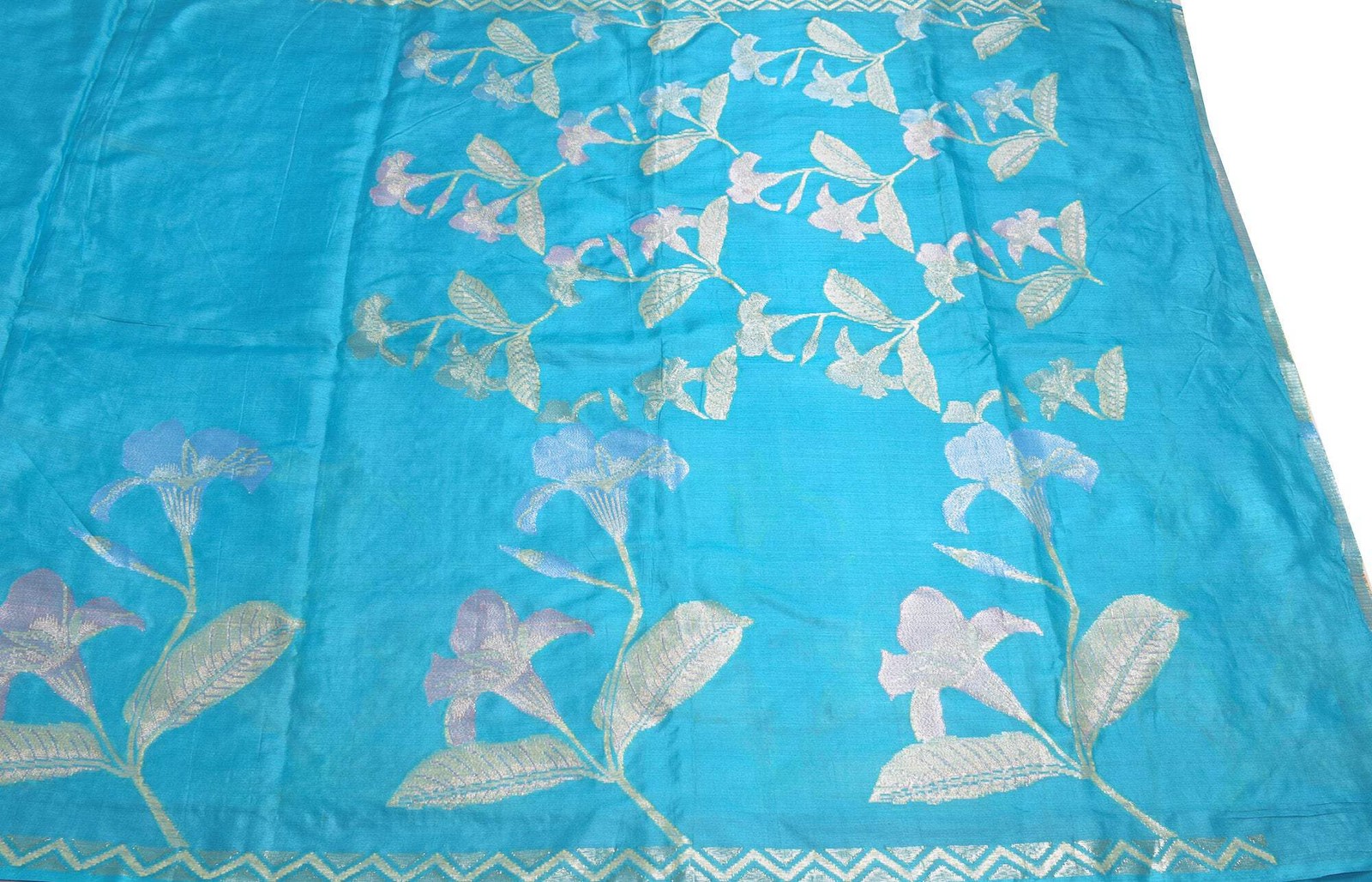 Sushila Vintage Turquoise Blue Saree Pure Tussar Silk Woven Floral 5YD Sari Fabr