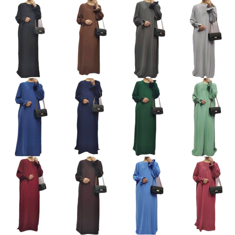 Muslim Women Solid Color Long Sleeve Abaya Loose Robe Simple Maxi Dress Kaftan