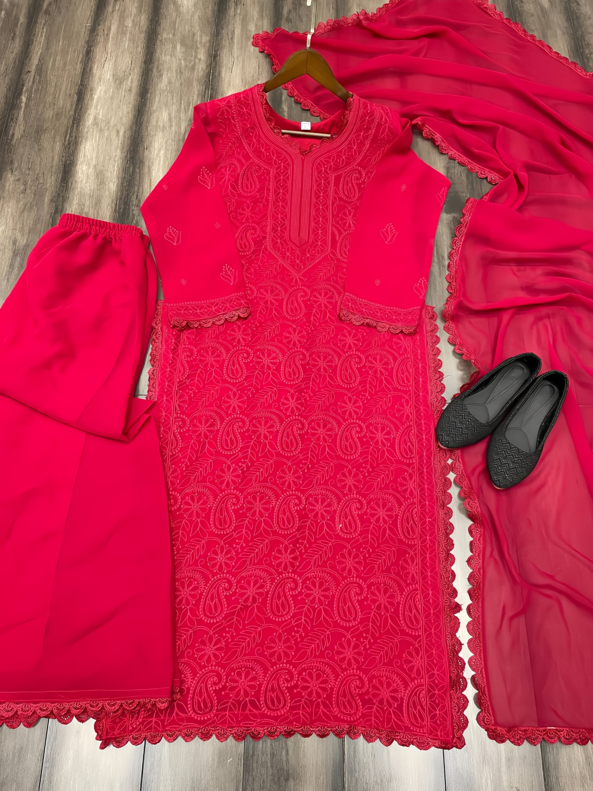 Georgette Embroidered Chikankari V Neck Kurta with Palazzo and Dupatta