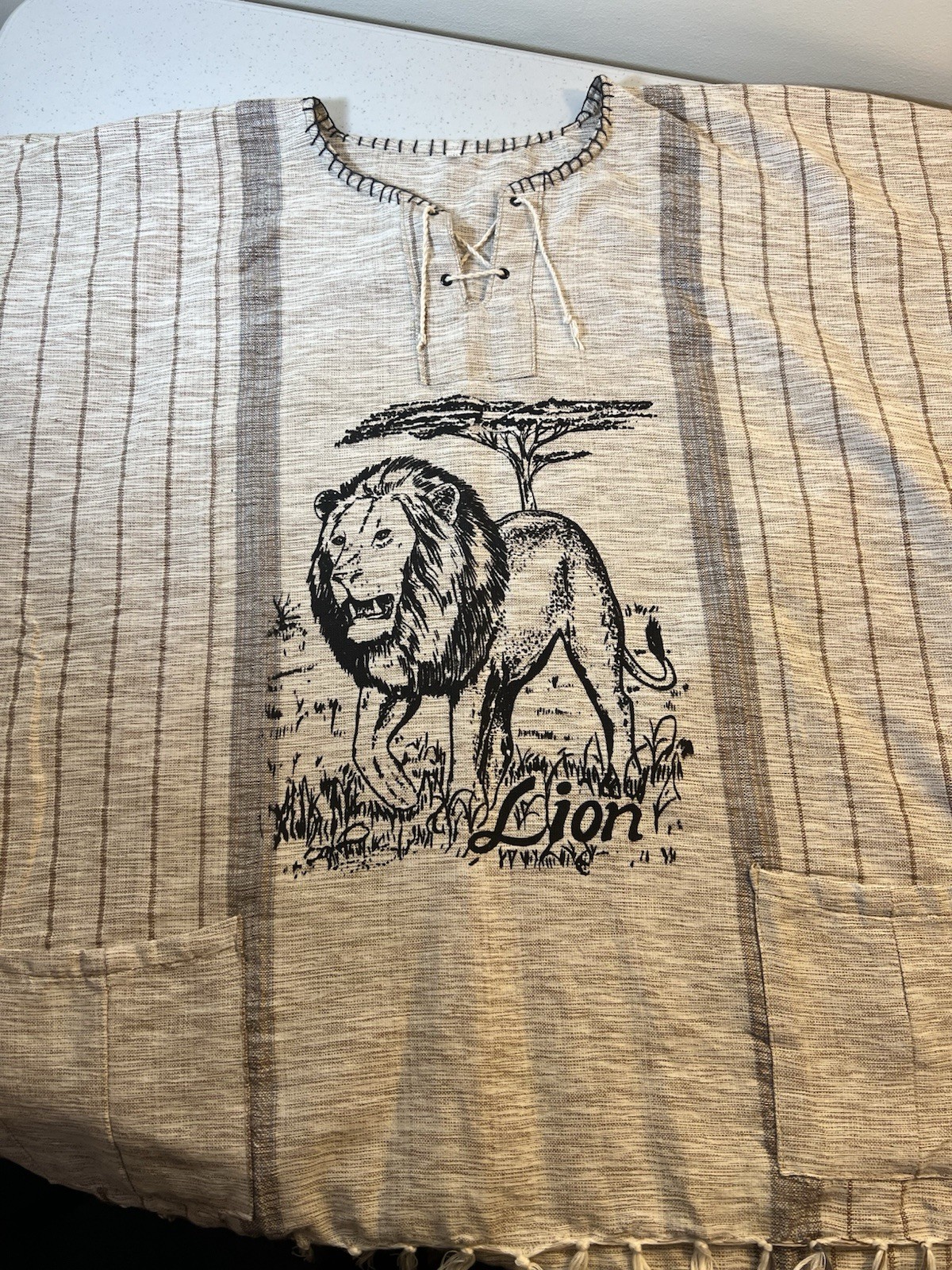 Africa Woven Lion Shirt Size XXL With 2 Pockets & Fringe Handmade In Africa