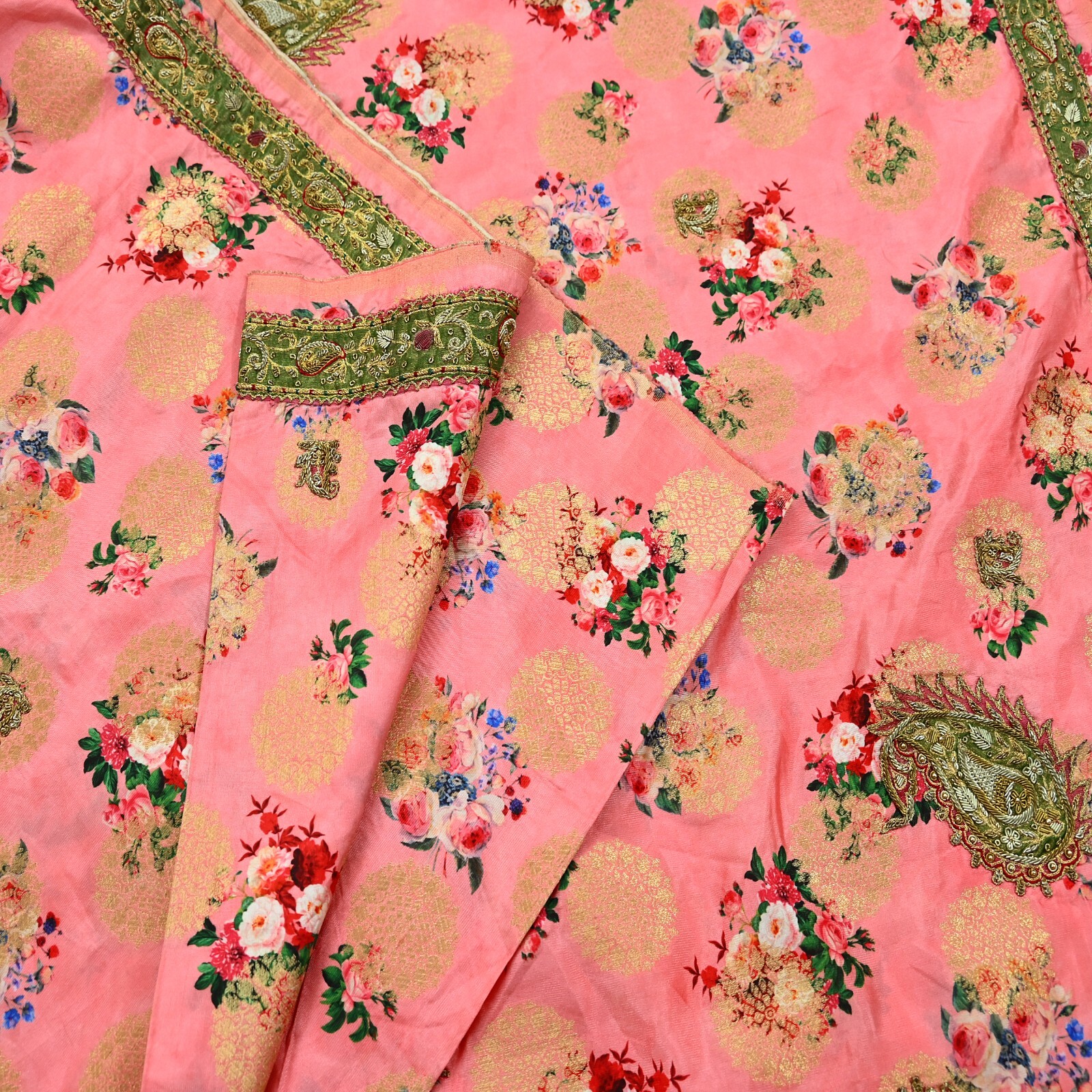 Vintage Peach Sarees Hand Embroidered Woven Brocade Sari Fabric 6Yd Sewing Dabka