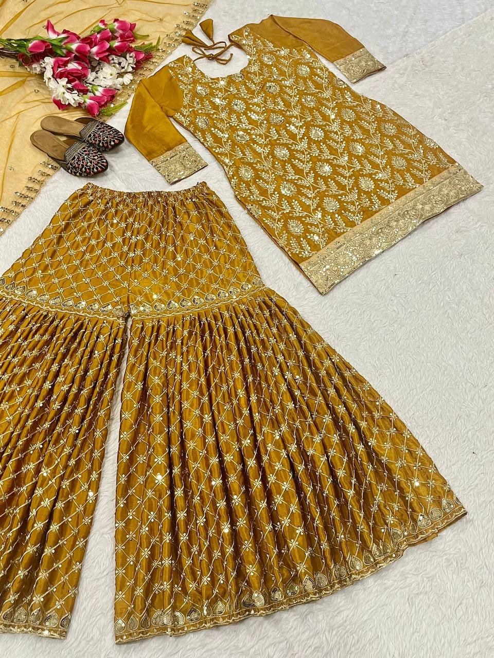 New Presenting Yellow Chinon Silk Kurta Palazzo With Net Dupatta For Women