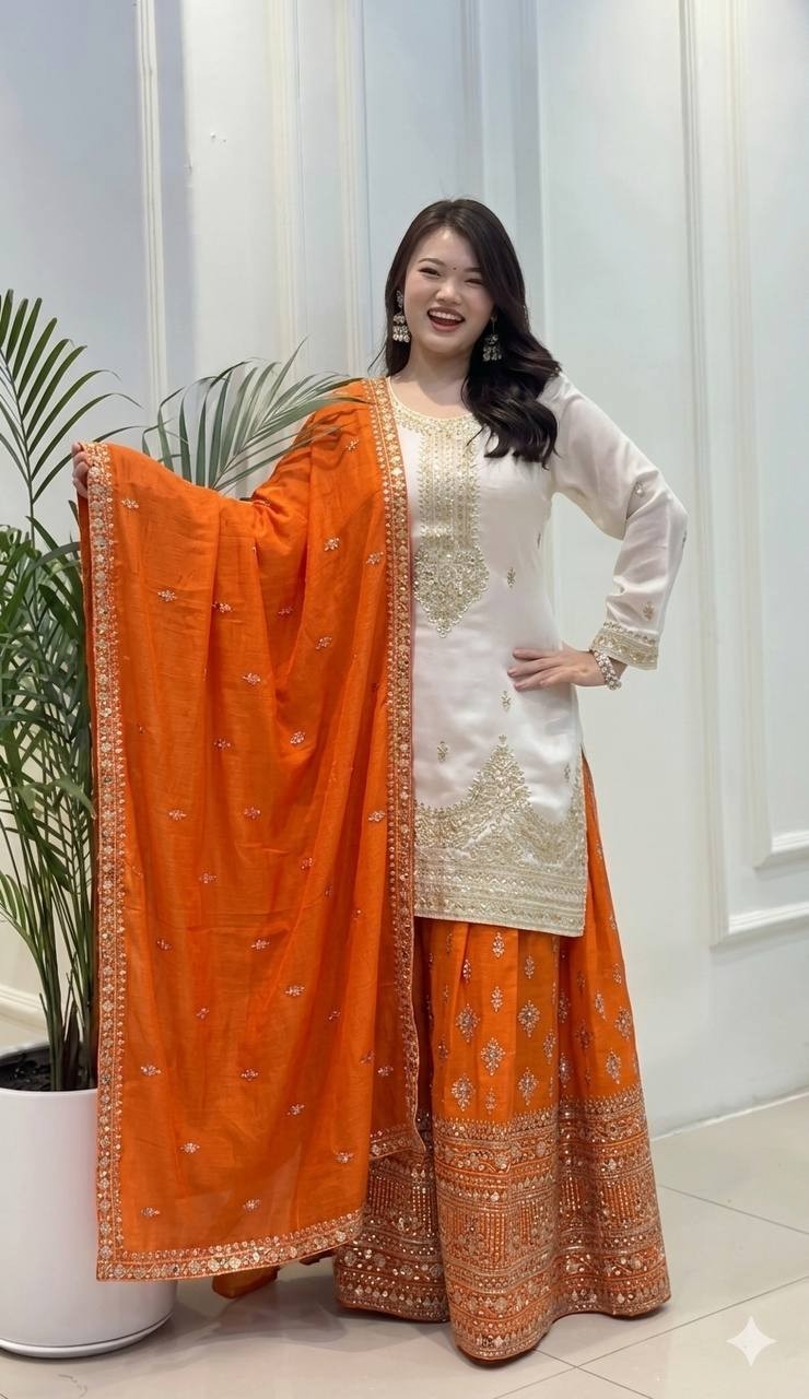 Beautiful Orange Chinon Silk Top Palazzo With Dupatta For Women & Girls