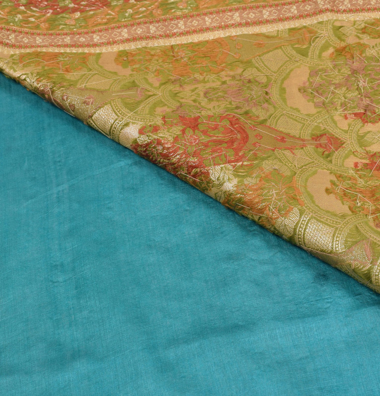 Sushila Vintage Teal Blue Saree Pure Tussar Silk Embroidered Zari Woven Sari Fab