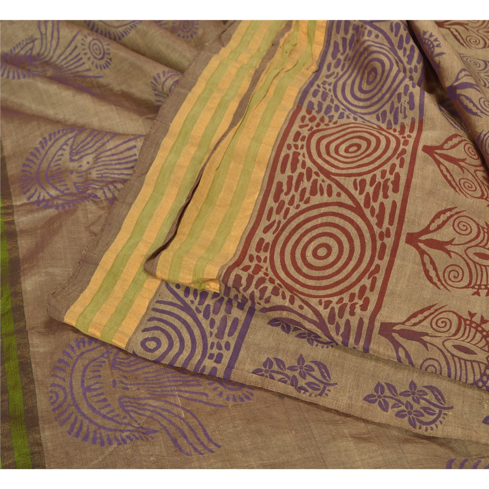 Sanskriti Vintage Brown Sarees Cotton Silk Hand-Block Printed Woven Sari Fabric