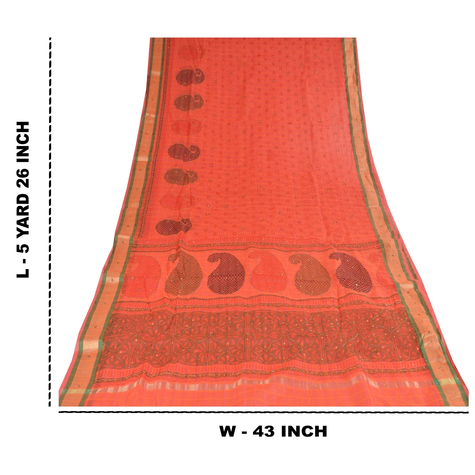 Sanskriti Vintage Coral Sarees Art Silk Hand Beaded Block Kota Doria Sari Fabric