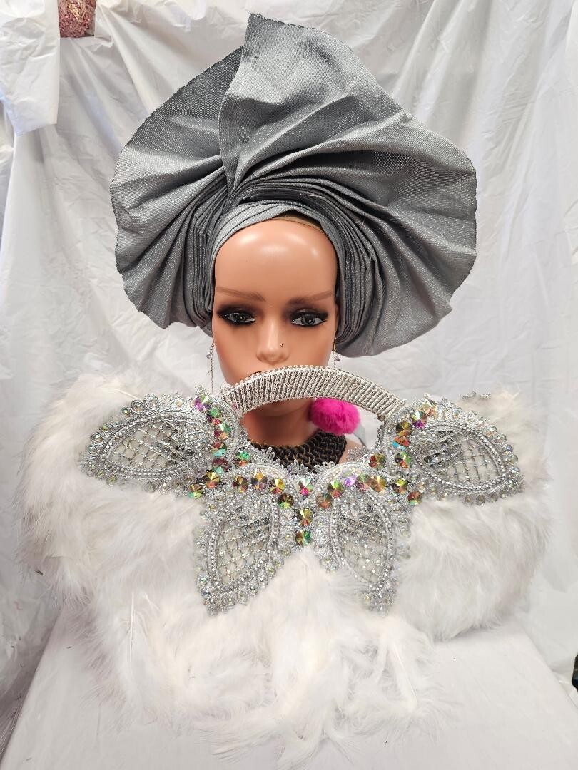 White with silver hand African Bridal Feather Hand Fan