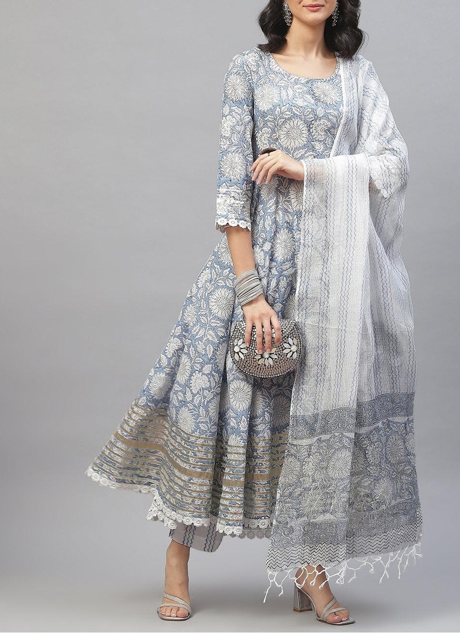 Sky Blue Hand Block Printed Anarkali Kurta Pant Set with Dupatta Plus Size