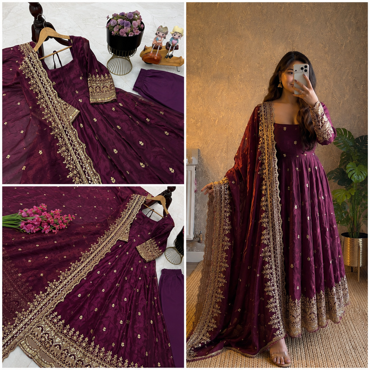 Wine Fendy Silk Heavy Embroidery Ready Made Anarkali Party Wear Dress XXL