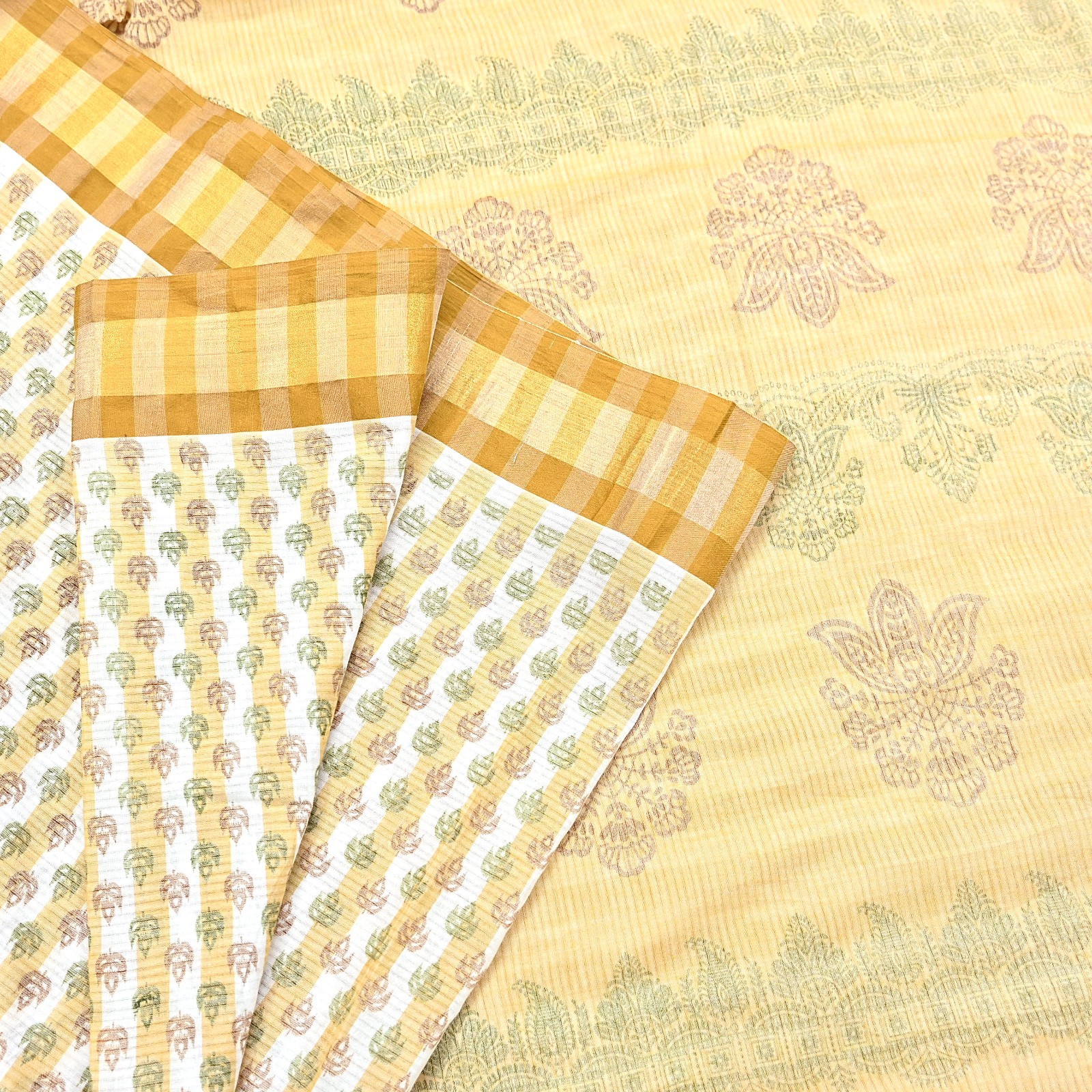 Indian Vintage Sari White & Beige Printed Pure Cotton Sarees Craft Fabric 5YD