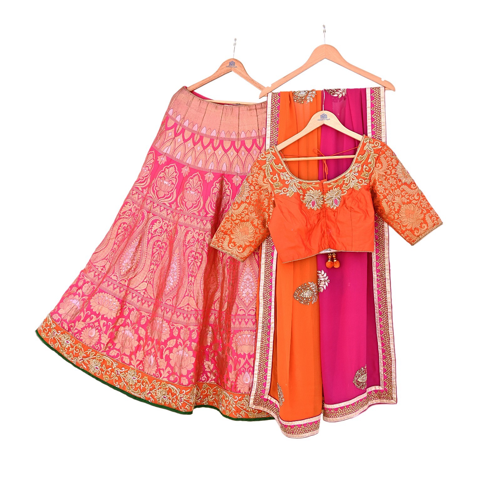 Indian Heavy Orange & pink Pure silk Hand Embroidered Designer Lehenga 3pcs Set