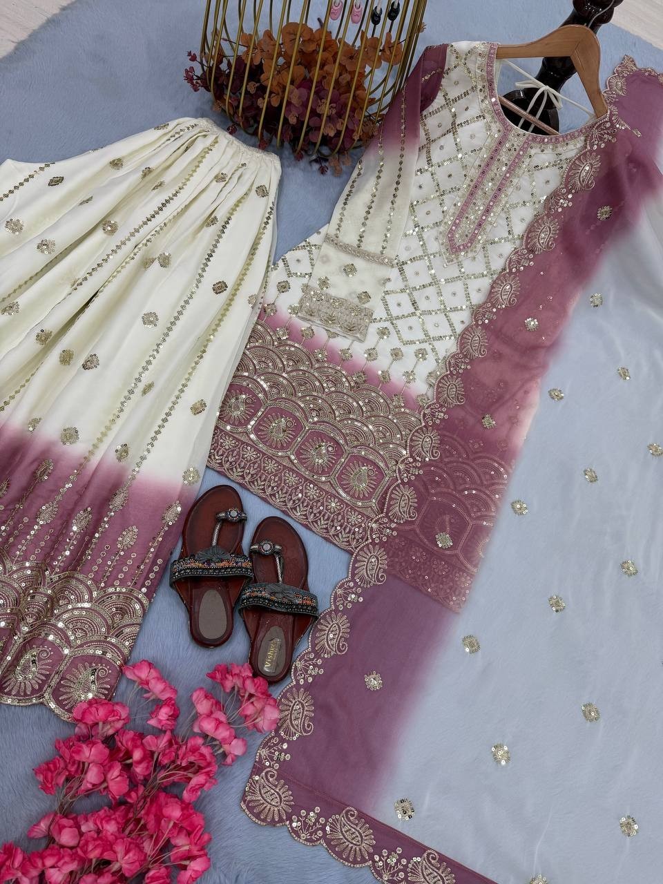 Presenting Star Georgette Top Palazzo With Pink Dupatta For Functional Wear