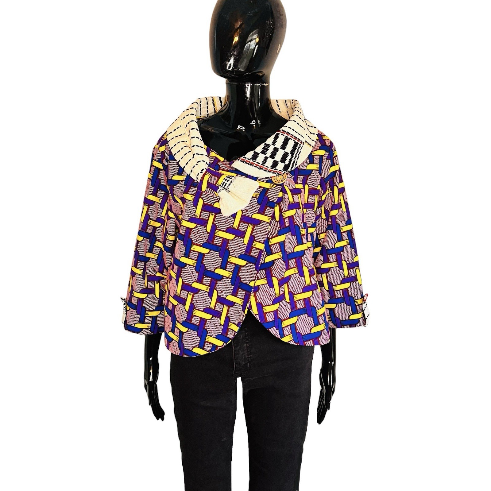 African Print Women Multicolored P Coat Style Blouse w/ Mud-cloth Detail