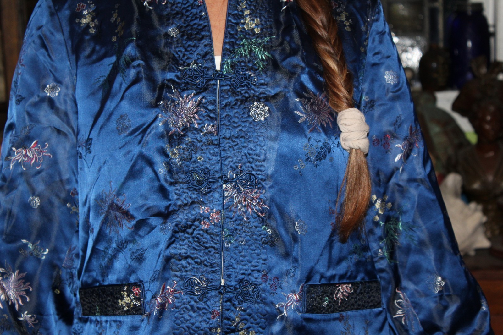 Vintage Chinese Jacket Blue Peonies Satin Floral Jacquard Reversible Med