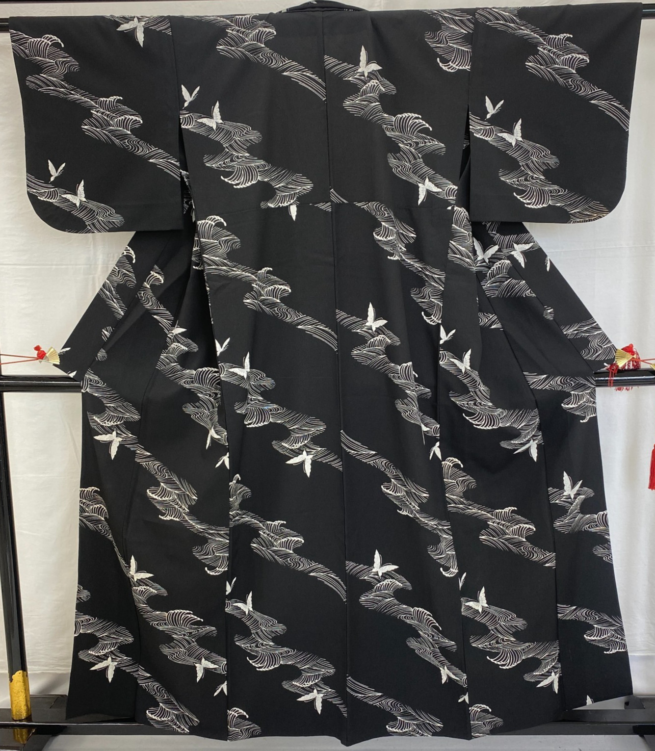 Japanese Vintage Kimono Polyester Black No Lining Traditional Length 61in