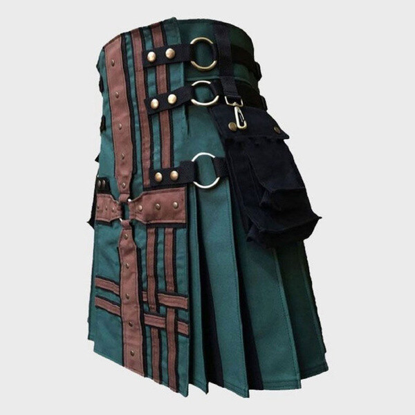 New Great Scottish Hunter Green With Brown Medieval Modern Hybrid Kilt For Men