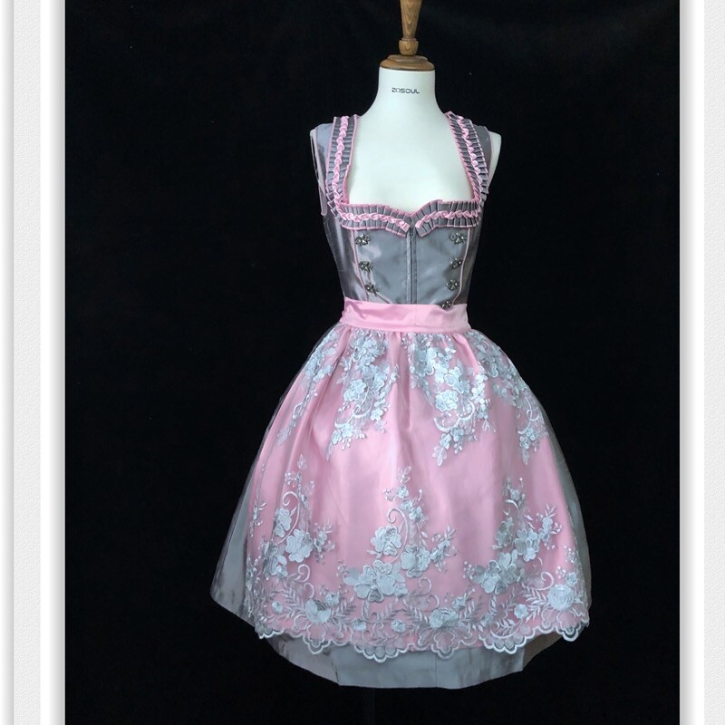 Gray Pink Dirndl Oktoberfest Lace Up Dress Size 34 Ruffle Plaid Apron Beer F96