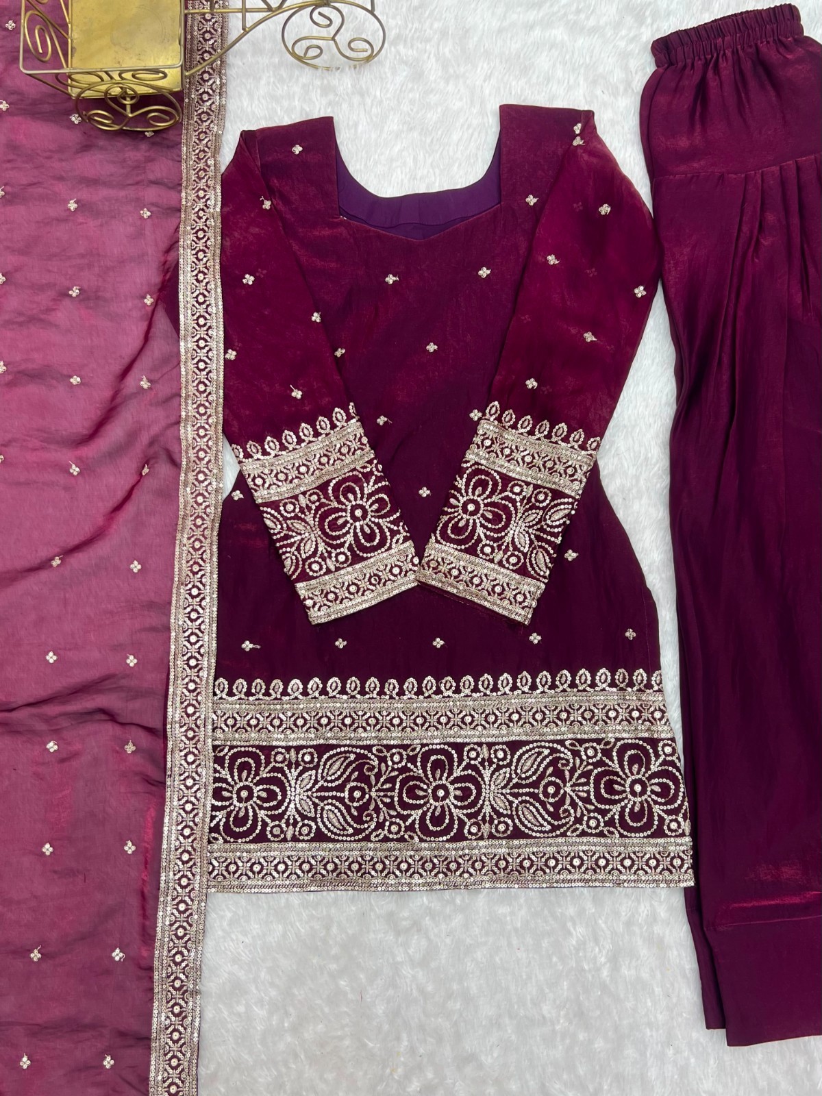 Designer Heavy Fendy Silk Top Kurta with Farshi Shalwar Glass Roman Silk Dupatta