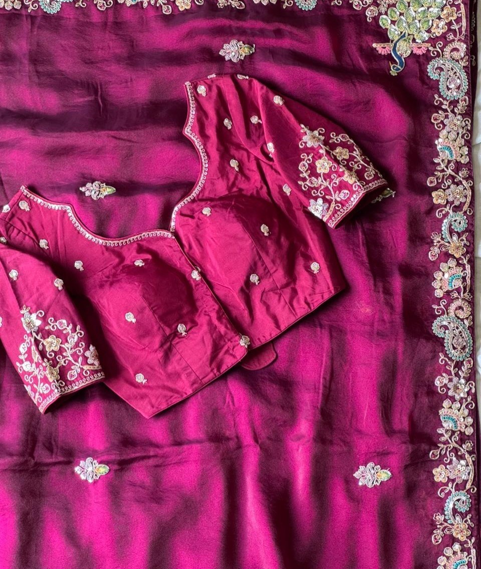 soft space silk saree sequence coding handwork with same work blouse .