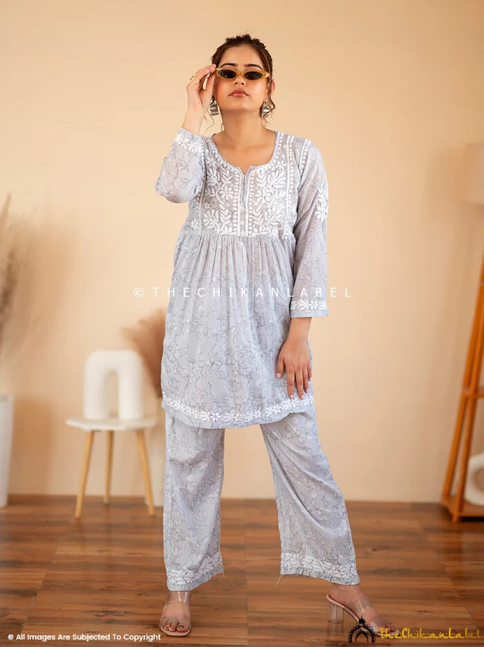 Grey Mulmul Chikankari Short Kurta Set Lucknow Chikankari Handmade Kurta Set