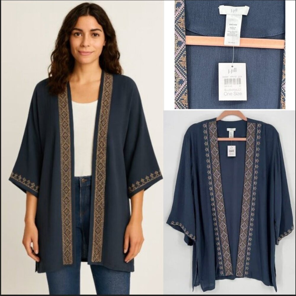 J.JILL EMBROIDERED CRINKLED KIMONO IN BLUE SMOKE LAGENLOOK MULTI NWT