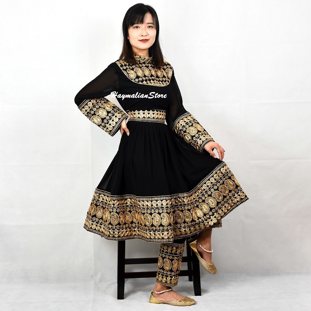 Afghan Traditional Embroidered Black and Golden color palette Dress