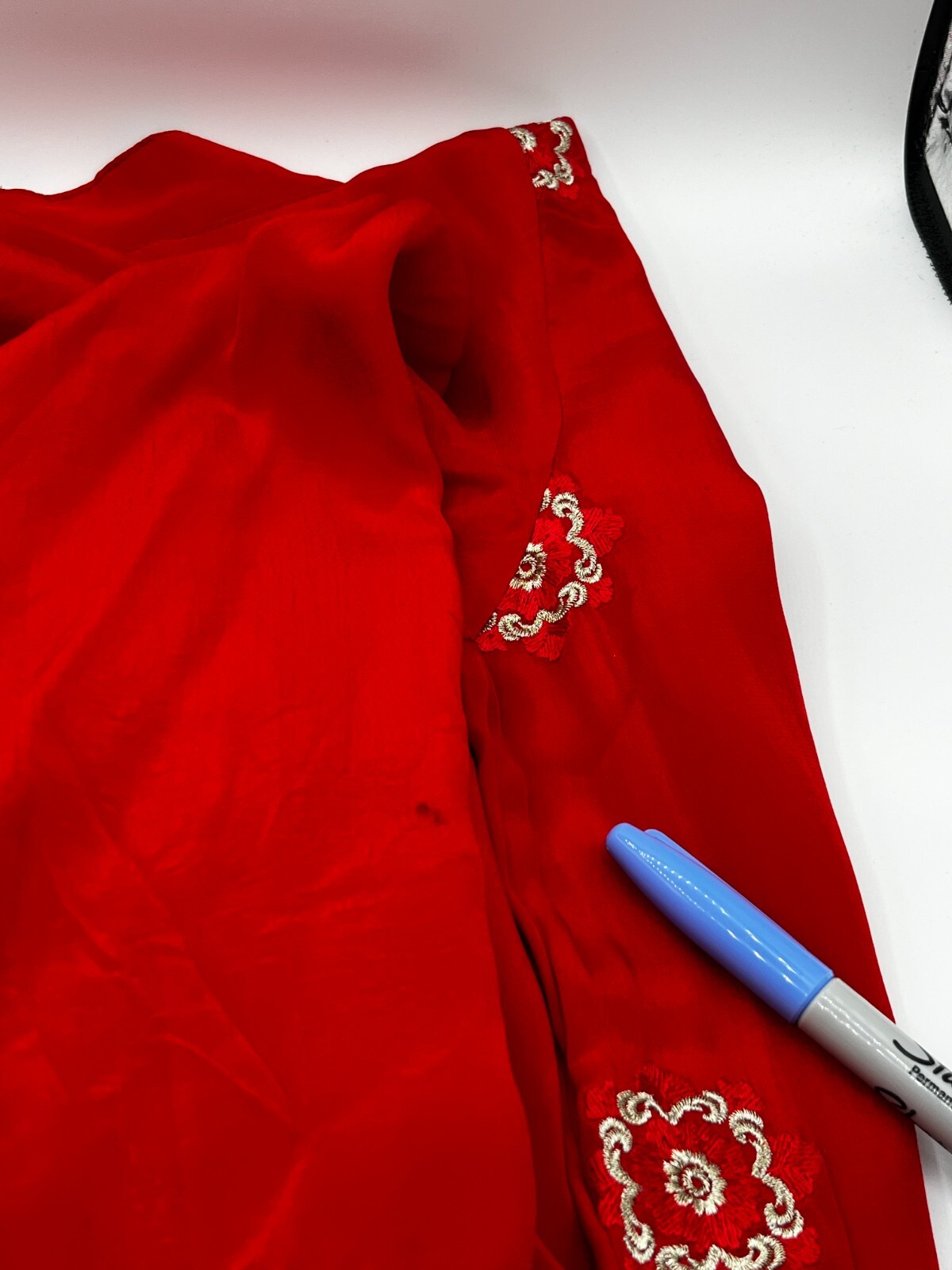 Hand Tailored Red Silk Embroidery Kurta/Dress Round Neck MEASUREMENTS IN LISTING