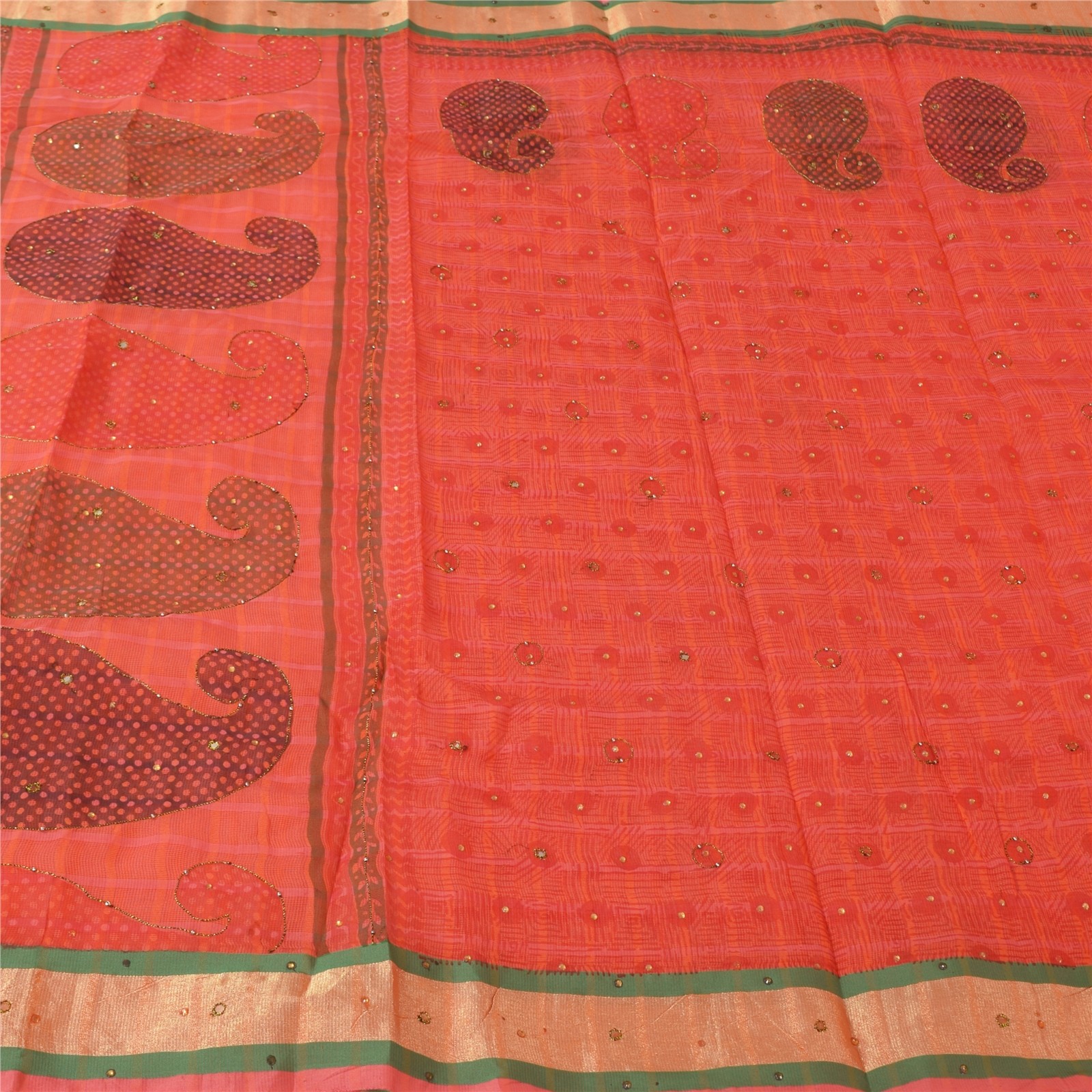 Sanskriti Vintage Coral Sarees Art Silk Hand Beaded Block Kota Doria Sari Fabric