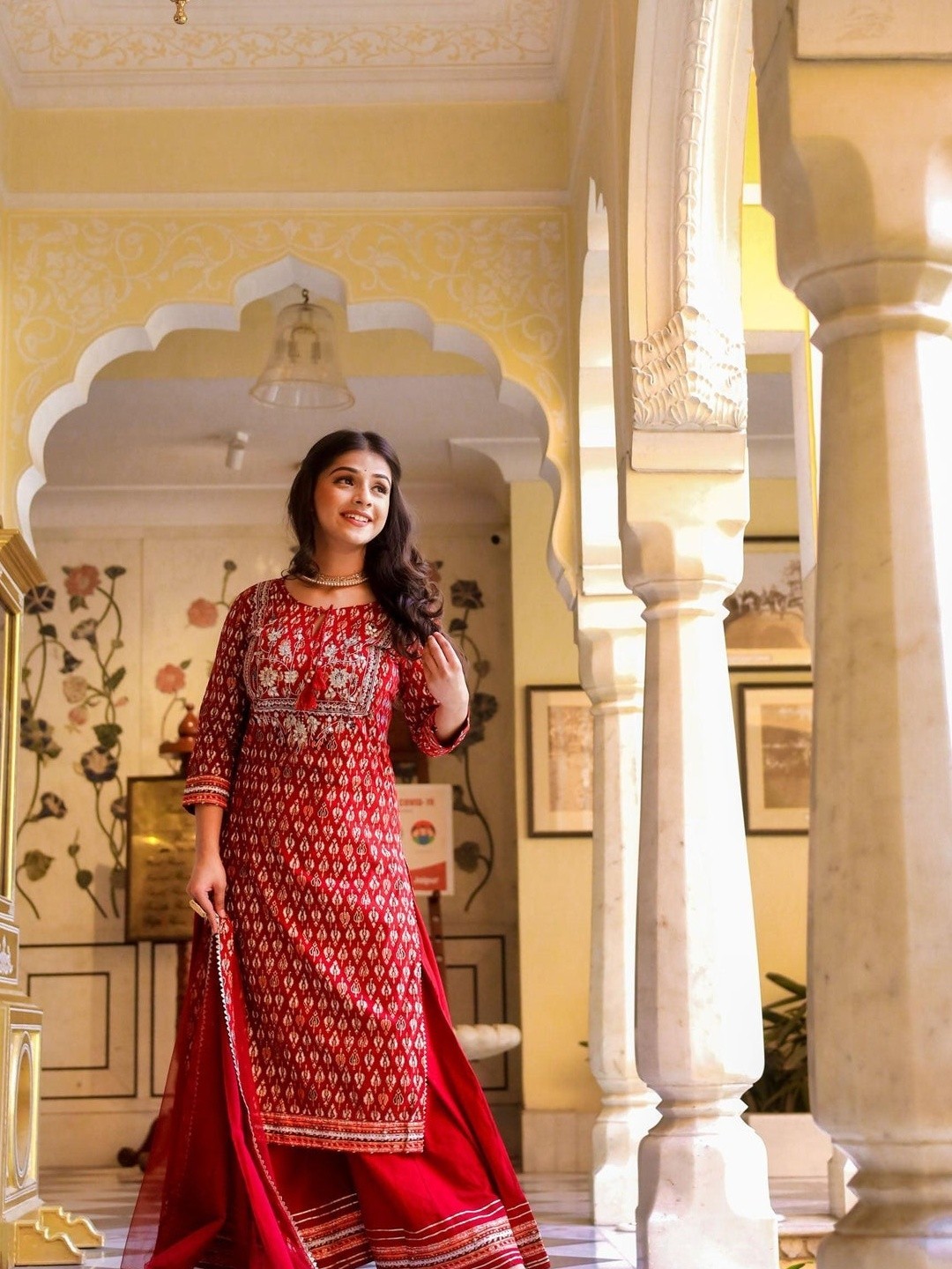 Maroon Cotton Kurta Palazzo Set with Net Dupatta for Women Ethnic Suit Plus Size