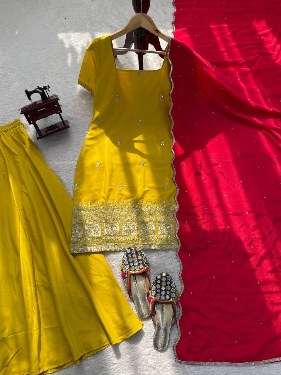 Party Wear Natural Crep Silk Yellow Top Palazzo With Dupatta For Women & Girls
