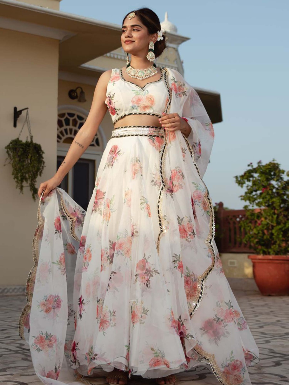 Festive Party Wear Organza Lehenga Choli With Digital Print & Mirror Work