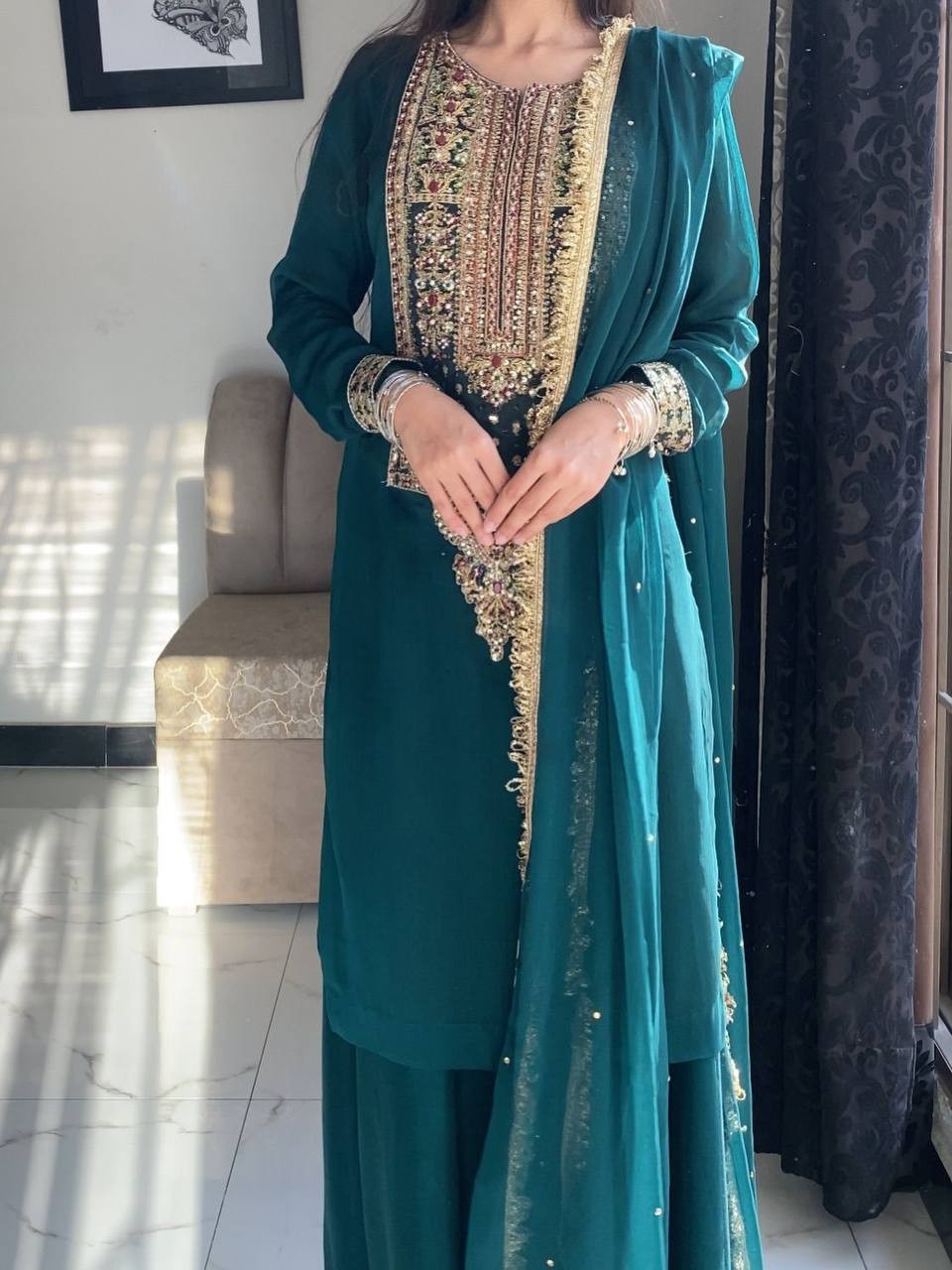Presenting Faux Georgette Teal Green Top Palazzo With Dupatta For Party Wear