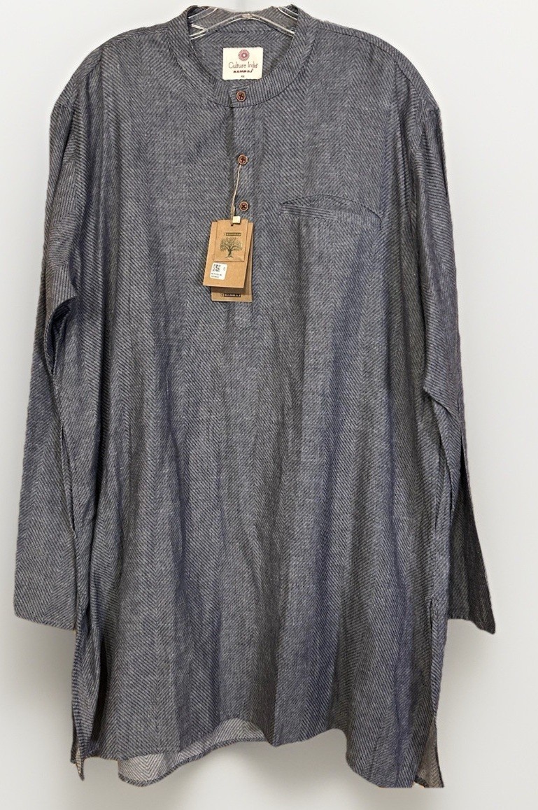 Ramraj Mens Kurta Size 46 Gray Herringbone Cotton Tunic NWT Indian Traditional