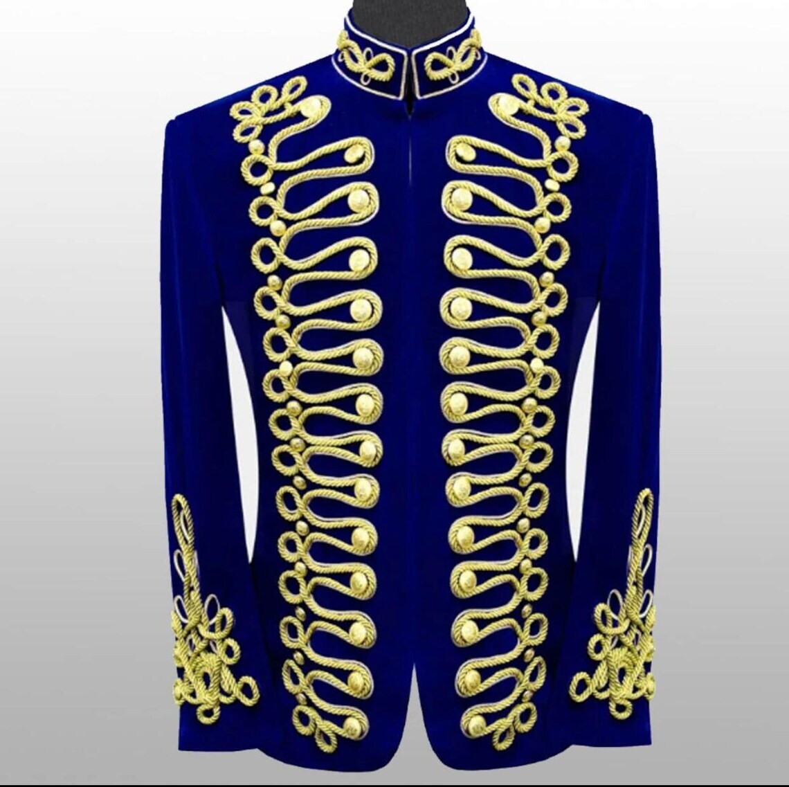men Braided blue Velvet Jacket Military Gold braided jacket for men